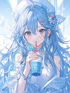 冰蓝清凉二次元女孩喝着奶茶图片