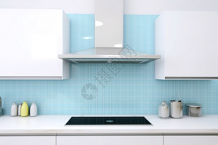 蓝白简约厨房里的油烟机背景图片