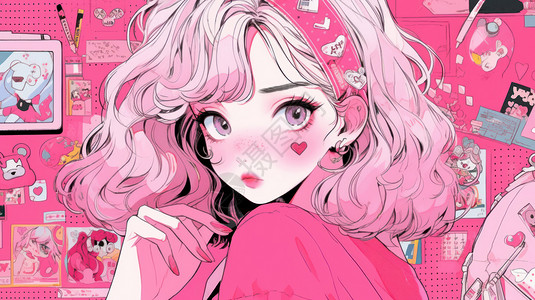 炫彩潮流粉色脸上有小的穿粉色衣服的卡通女孩插画