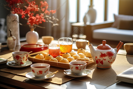 中式茶台中式传统中式下午茶插画