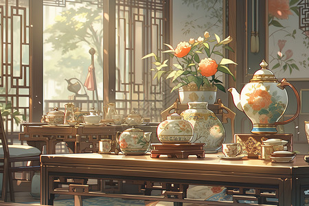 中式桌子茶具传统中式下午茶新中式漫画插画