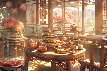 传统中式下午茶漫画背景图片