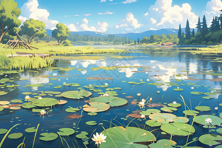 夏天满是荷花的池塘唯美插画图片