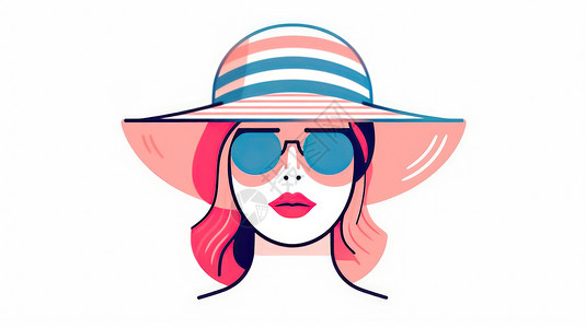 太阳表情包戴着遮阳帽和时尚墨镜的简约扁平风卡通女人插画