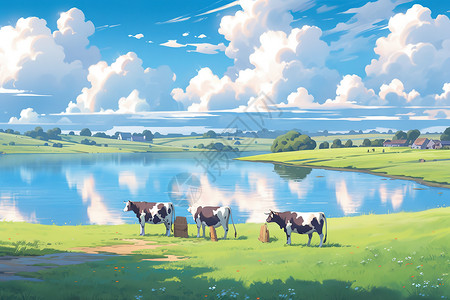 牛羊牧场辽阔的草原牛羊吃草天然牧场插画