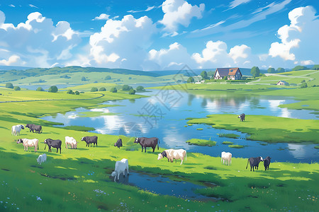 辽阔风景草原牛羊吃草天然牧场插画