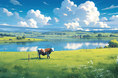 辽阔的草原牛羊吃草天然牧场治愈插画背景图片
