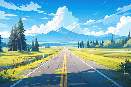 夏天道路宽阔的公路道路雪山插画