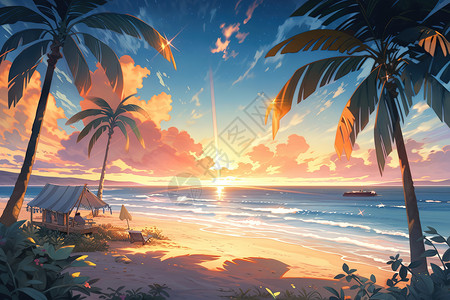 夏日椰林树影海滩日落漫画背景图片