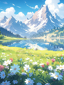 新疆夏天壮观的雪山湖泊新疆自然景色漫画插画