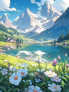 新疆湖泊壮观的雪山湖泊新疆自然景色小清新漫画插画