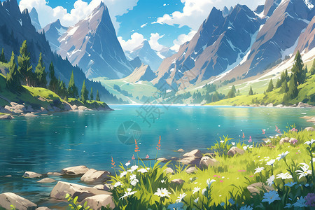 草原高原壮观的雪山湖泊卡通插画背景图片