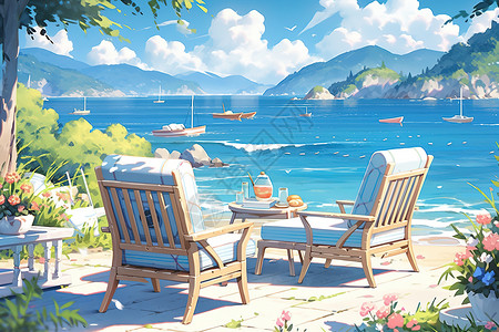 舒适的饮料夏天度假海边风景躺椅插画