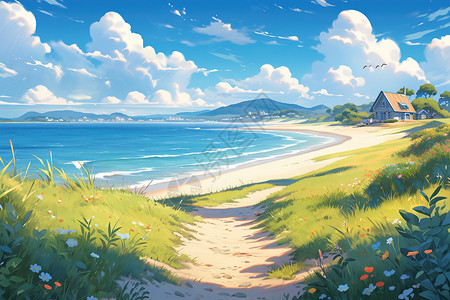 夏日海边治愈风景度假漫画背景图片
