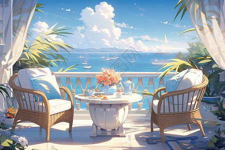 面朝大海的阳台咖啡桌椅高清图片