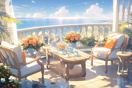 夏日面朝大海的阳台桌椅背景图片