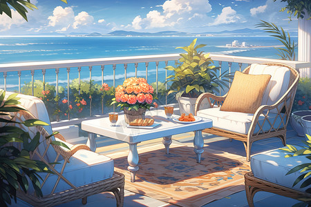 夏季面朝大海的阳台咖啡桌椅图片