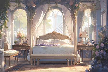 蕾丝窗帘宽敞的卧室复古华丽公主床卡通插画插画