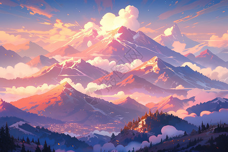 壮观的日落雪山浪漫漫画背景图片