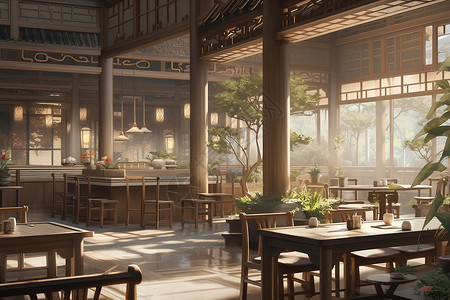 中式风格建筑中式风格的茶楼茶室插画