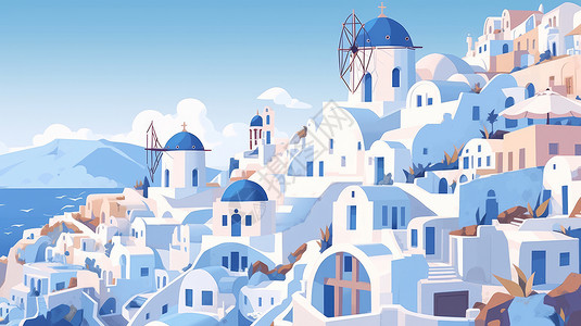 海边漂亮的蓝色房顶白色房子卡通城市背景图片