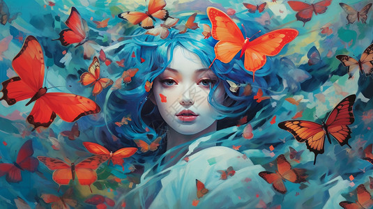 满头蝴蝶的蓝色短发卡通蝴蝶女孩背景图片