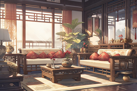 新中式的客厅室内装饰动漫场景背景图片