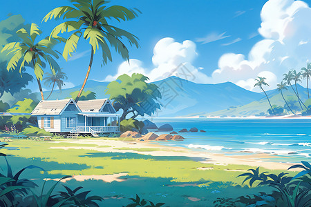夏日热带海边风景治愈卡通插画背景图片