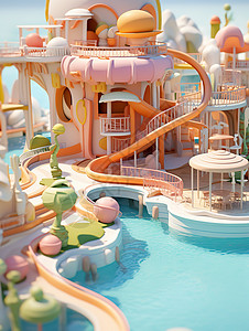 夏日泳池酒店度假等距3D立体建筑背景图片