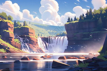 夏天大峡谷的瀑布漫画背景图片