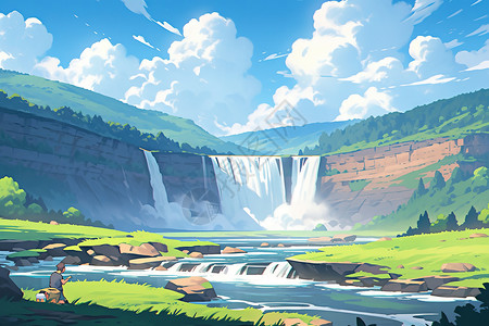 大峡谷风景夏日大峡谷的瀑布漫画插画