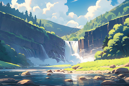 大峡谷风景夏天大峡谷的瀑布治愈漫画插画
