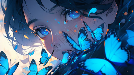 大眼睛卡通女孩被很多只美丽蓝色蝴蝶围绕图片