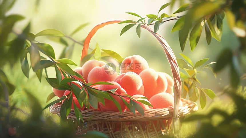 桃园中美味诱人的新鲜桃子放在竹篮子中图片