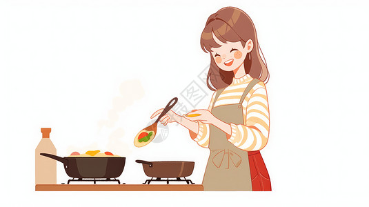 扁平艺术正在做饭的长发卡通女人插画