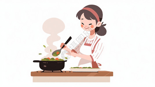 主妇做饭拿着勺子在煮饭的卡通女人插画