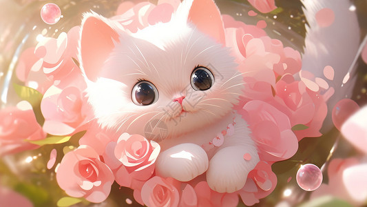 在粉色花束中可爱的大眼睛卡通小白猫背景图片