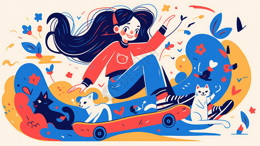 潮流儿童长发时尚的卡通女孩在和宠物猫一起玩滑板插画