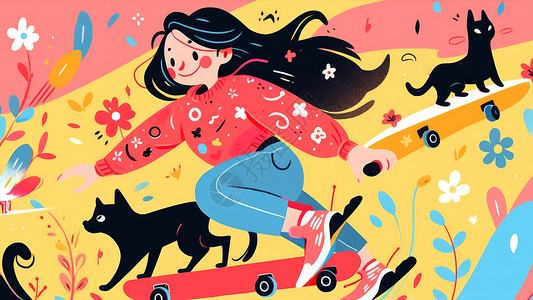 玩滑板小孩穿红色花毛衣的卡通女孩与宠物在玩滑板插画