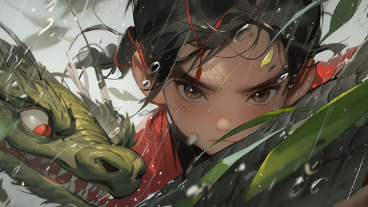 大雨中穿红色古风衣服的卡通少年与绿色巨龙背景图片