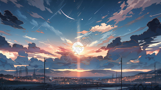 傍晚太阳落山前美丽的卡通城市风景背景图片