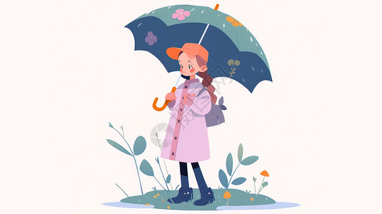 拿着蓝色雨伞可爱的卡通小女孩背景图片