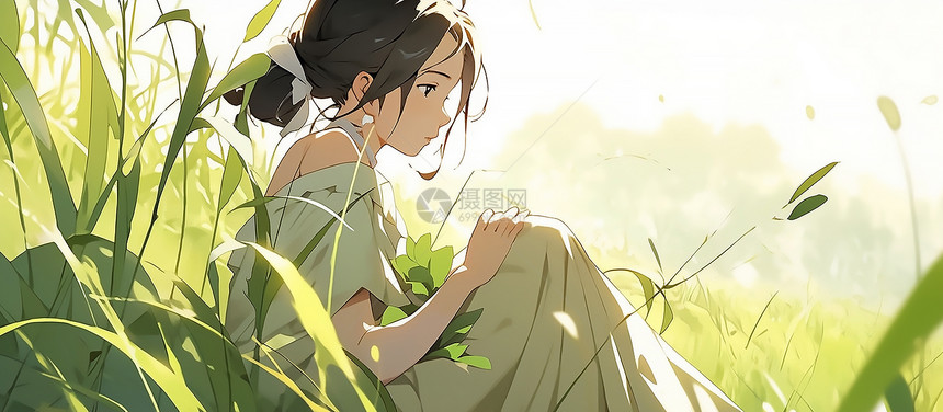 卡通坐在草地上的女孩图片