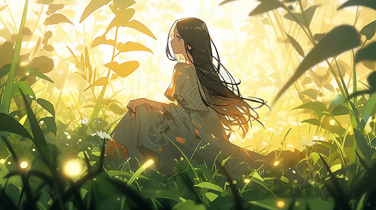卡通坐在草丛里的女孩背景图片