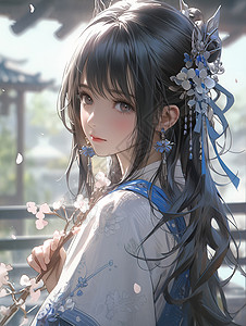 蓝白色汉服的游戏古装美女背景图片