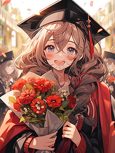 毕业典礼上女学生拿着花束背景图片