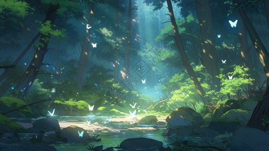 美丽的卡通森林深处河流上飞着很多发光的蝴蝶背景图片