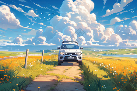 草原越野车一辆汽车行驶在乡村的小路上二次元插画插画