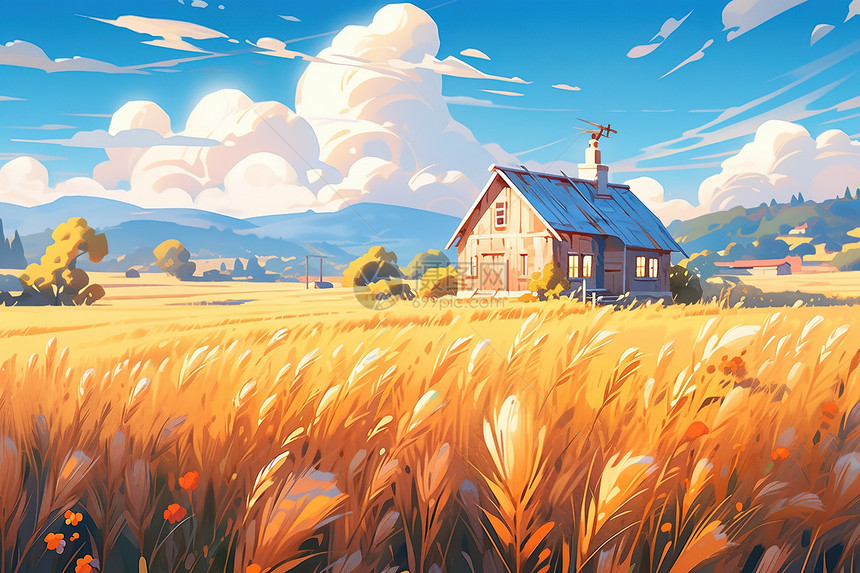 丰收金色小麦农场插画图片