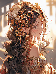古代婚礼金色奢华服饰的美丽新娘插画